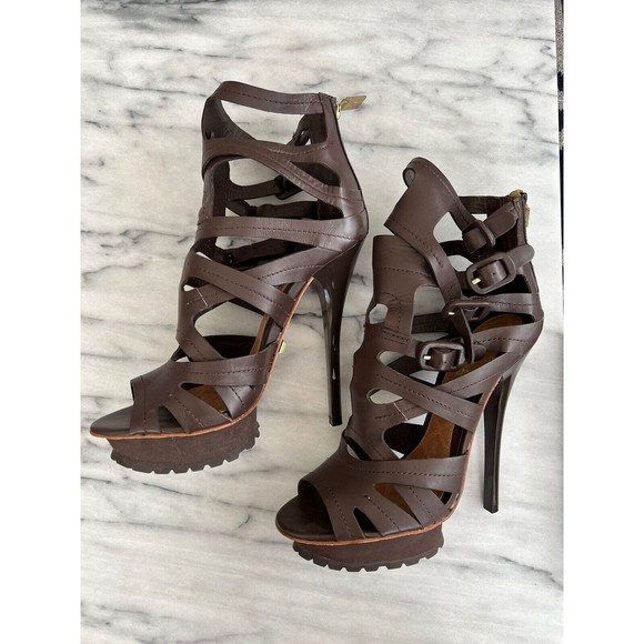 L.A.M.B. by Gwen Stefani Zan Sandals size 8.5 Dark Brown Buckle Back Zip Entry - Picture 2 of 9